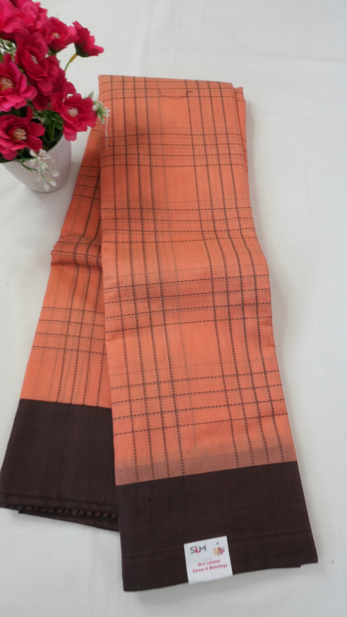 Silk Cotton Saree SLM-SCT-0020 - Peach orange checks with a brown border - front view