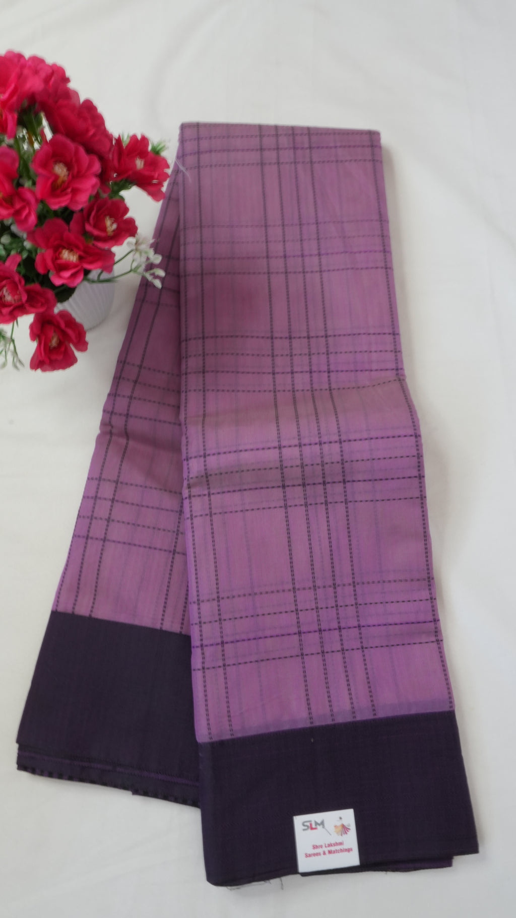 Silk Cotton Saree SLM-SCT-0021 - Lilac checks with a purple border - front view