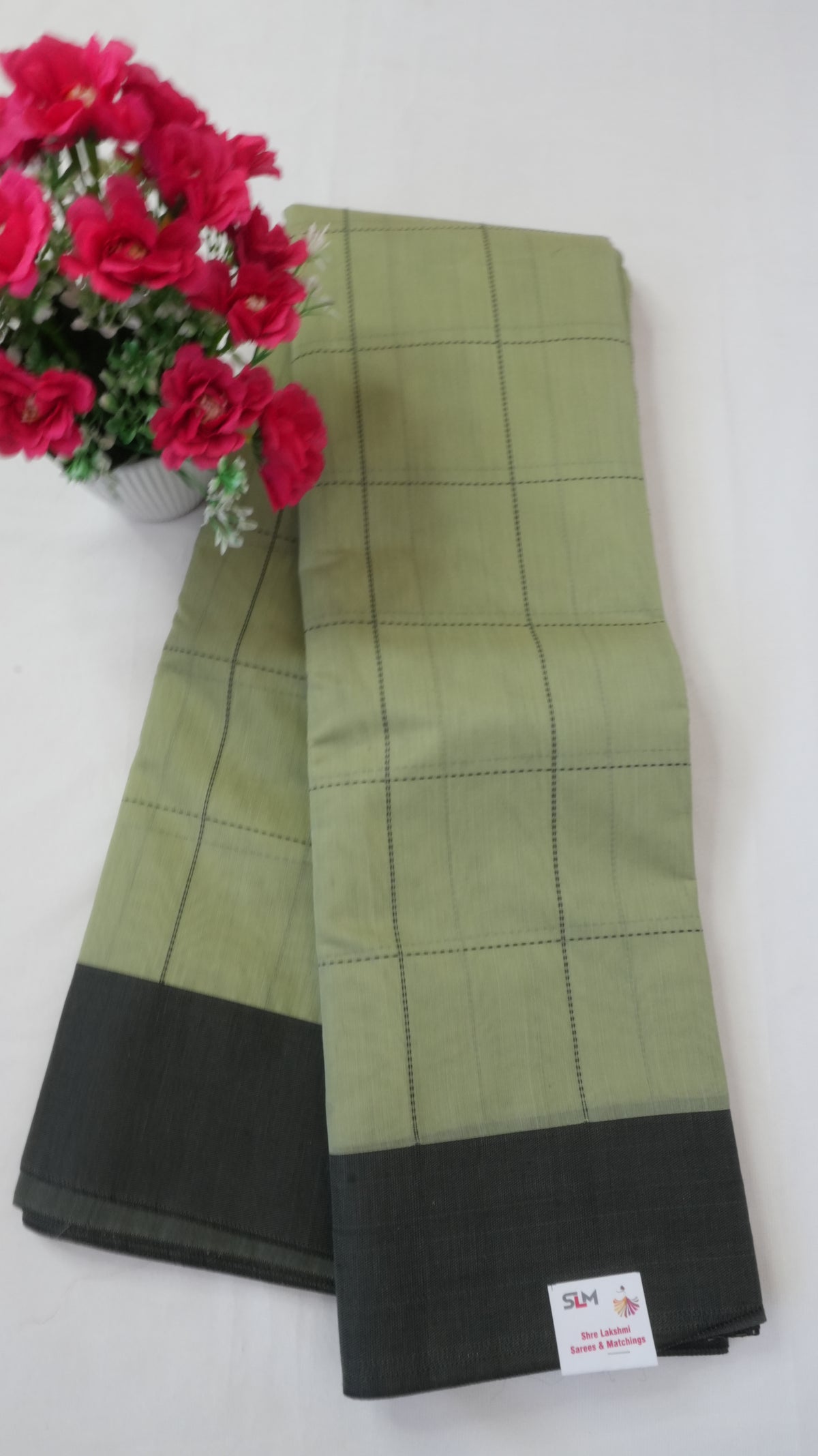 Silk Cotton Saree SLM-SCT-0023 - Pista green checks with a grey border - front view