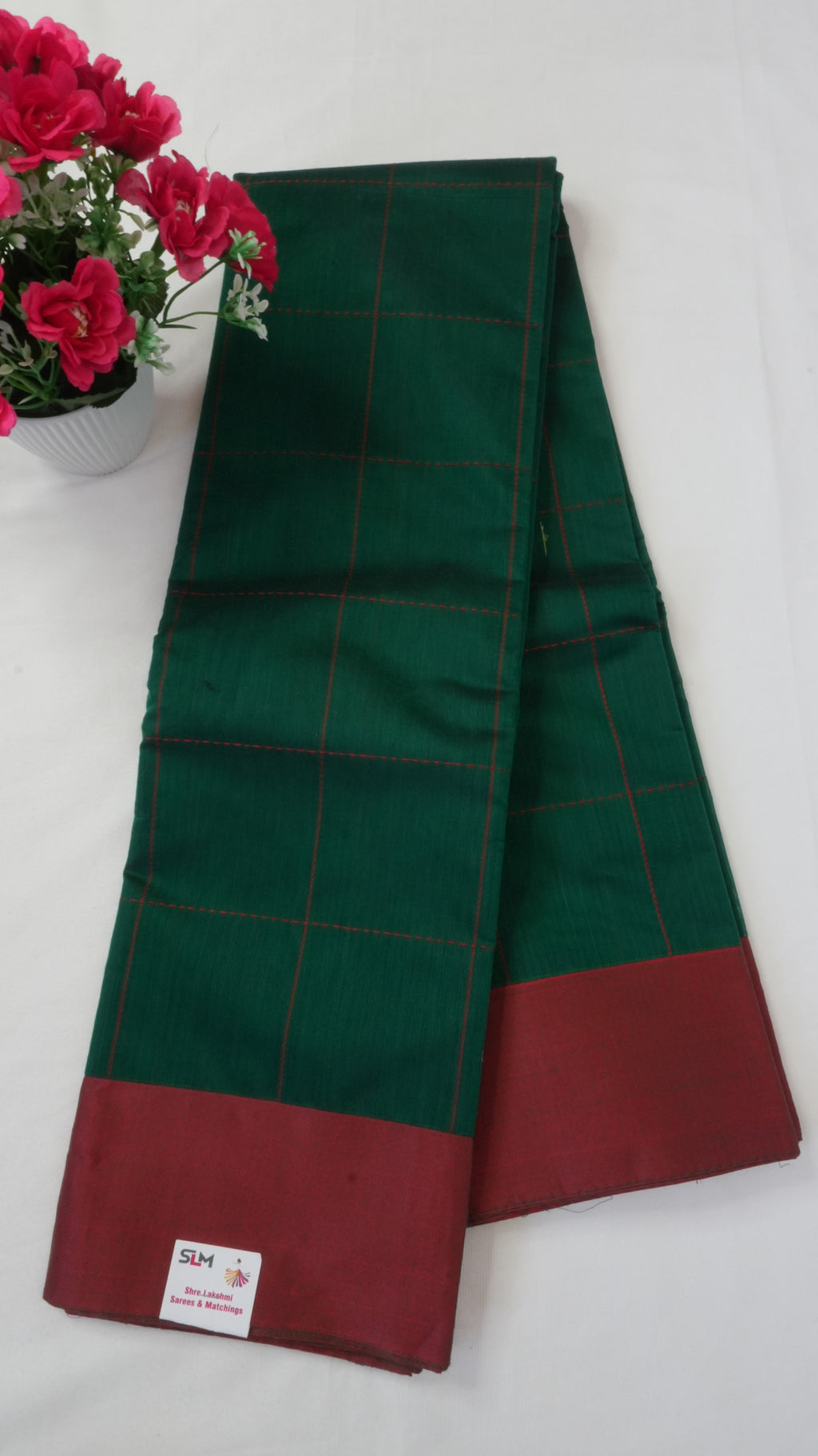 Silk Cotton Saree SLM-SCT-0024 - Bottle green checks with a maroon border - front view