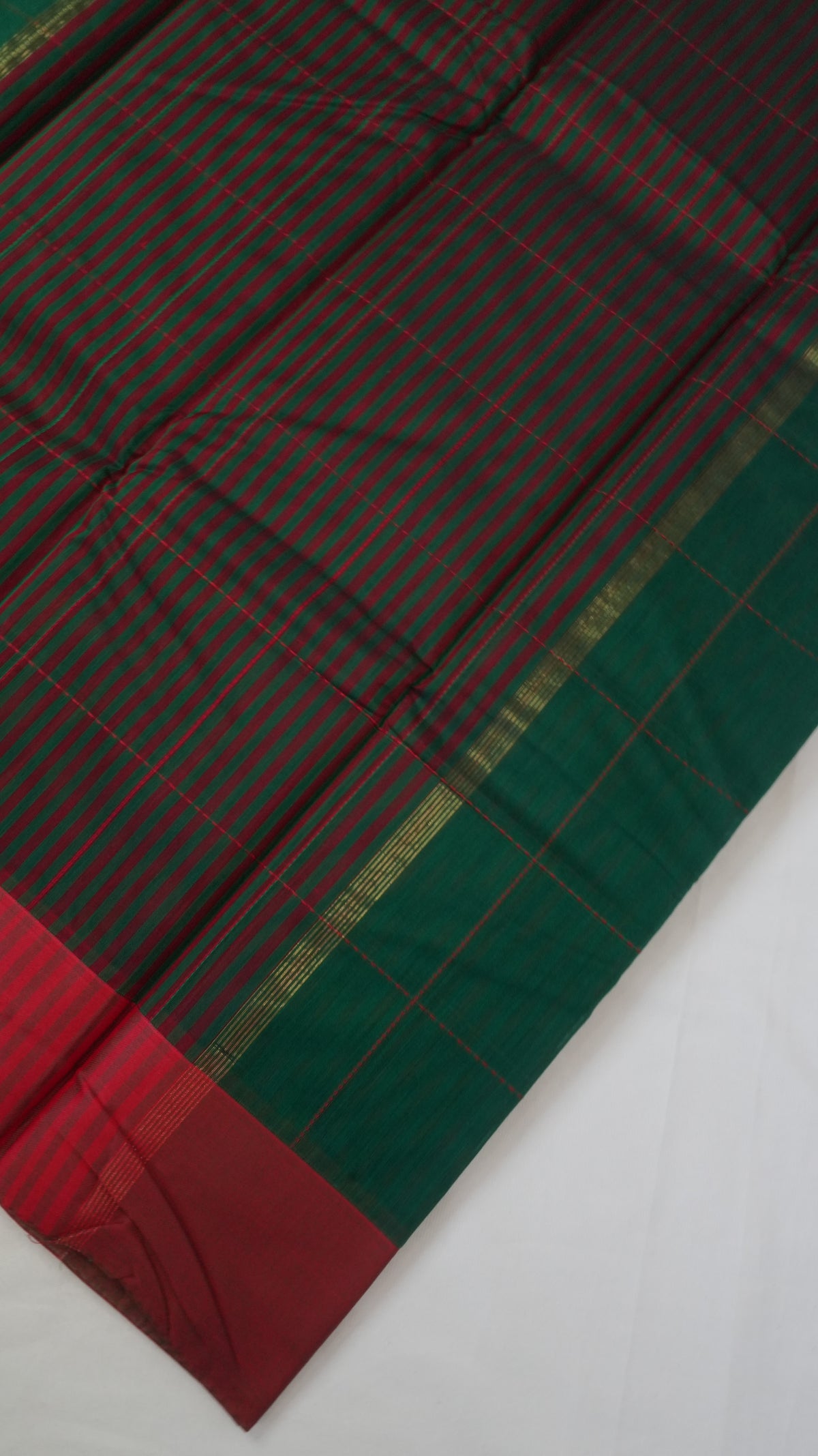 Silk Cotton Saree SLM-SCT-0024 - Bottle green checks with a maroon border - second view