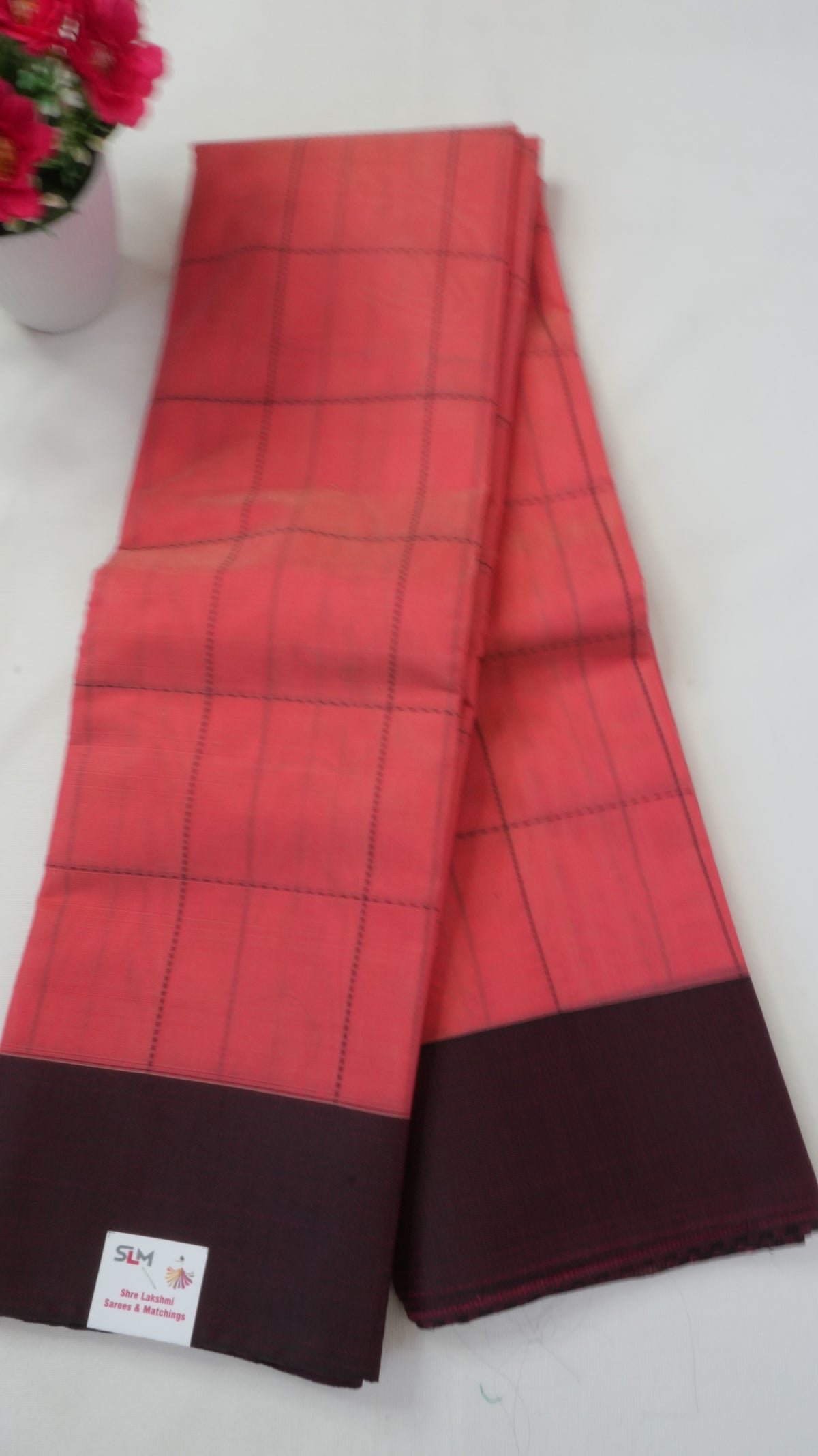 Silk Cotton Saree SLM-SCT-0025 - Coral checks with a maroon border - front view