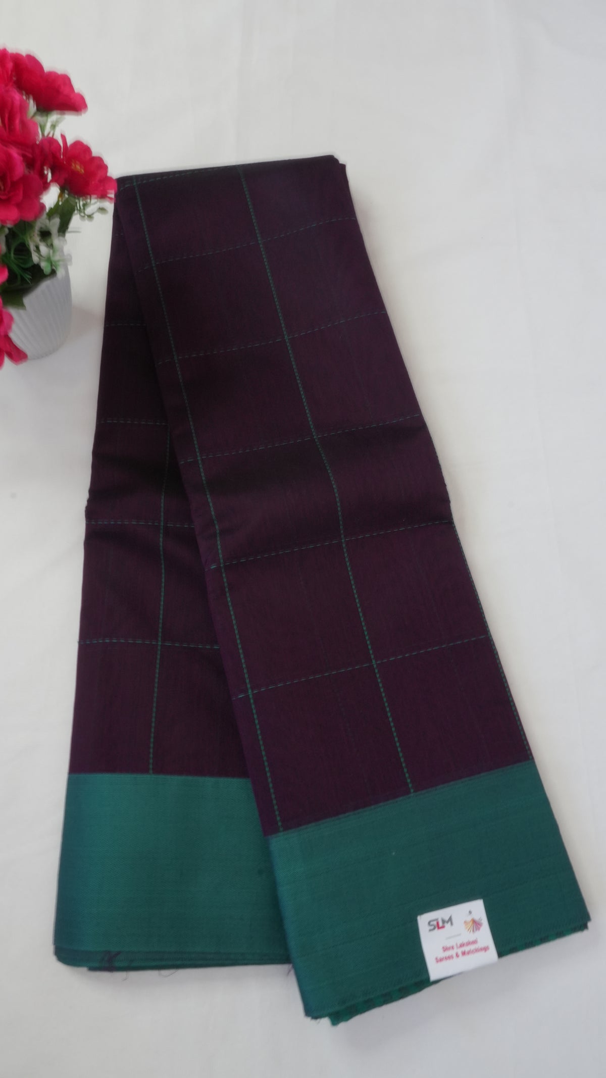 Silk Cotton Saree SLM-SCT-0026 - Aubergine checks with a teal border - front view