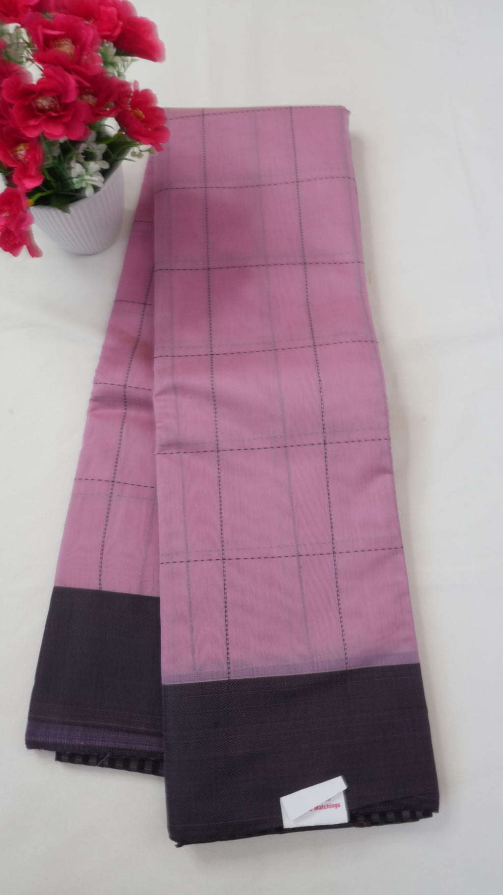 Silk Cotton Saree SLM-SCT-0027 - Pink checks with a purple border - front view