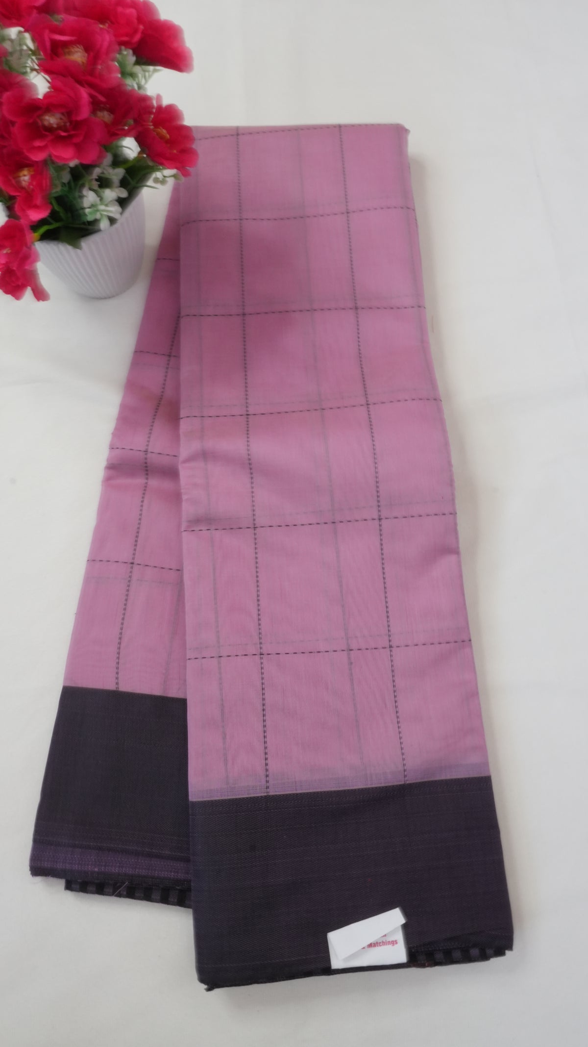 Silk Cotton Saree SLM-SCT-0027 - Pink checks with a purple border - front view
