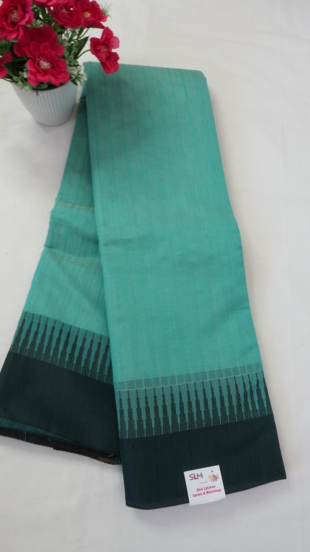 Silk Cotton Saree SLM-SCT-0028 - Sea green with a dark green temple border - front view