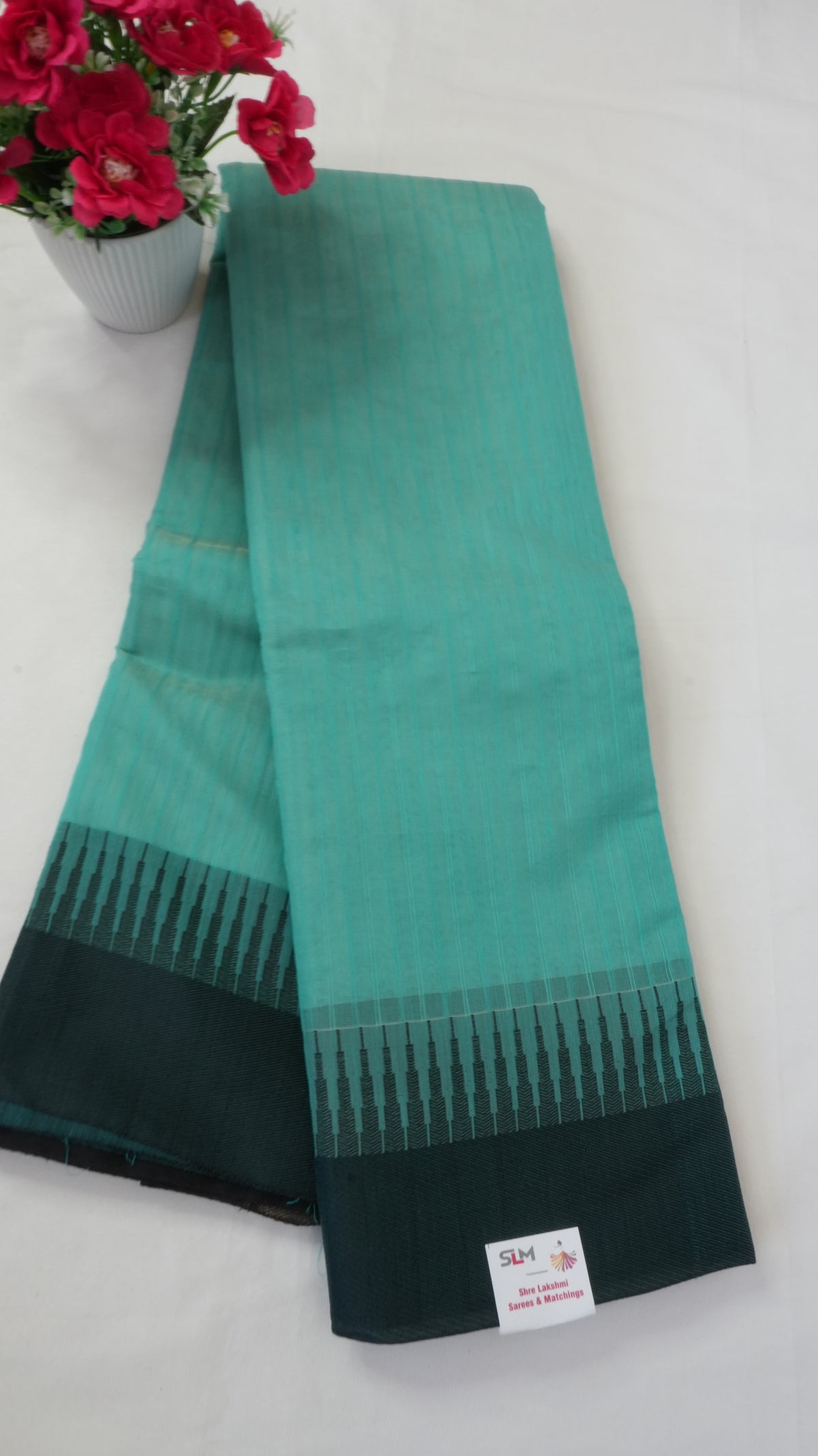 Silk Cotton Saree SLM-SCT-0028 - Sea green with a dark green temple border - front view