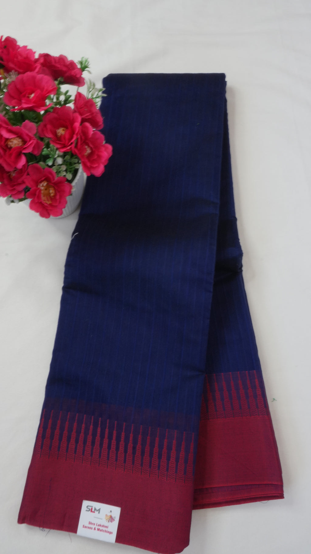 Silk Cotton Saree SLM-SCT-0029 - Navy blue with a red temple border - front view