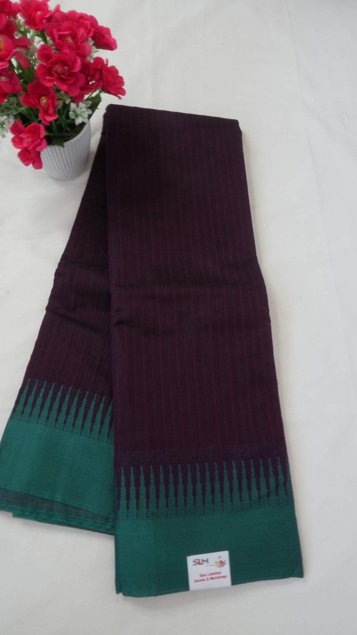 Silk Cotton Saree SLM-SCT-0031 - Aubergine with a teal temple border - front view
