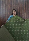 Silk Cotton Saree SLM-SCT-0042 - Olive green checks with butta motifs - front view