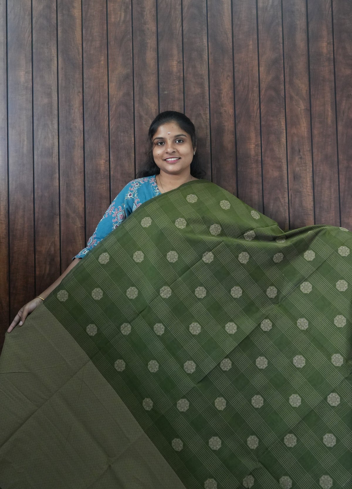 Silk Cotton Saree SLM-SCT-0042 - Olive green checks with butta motifs - front view