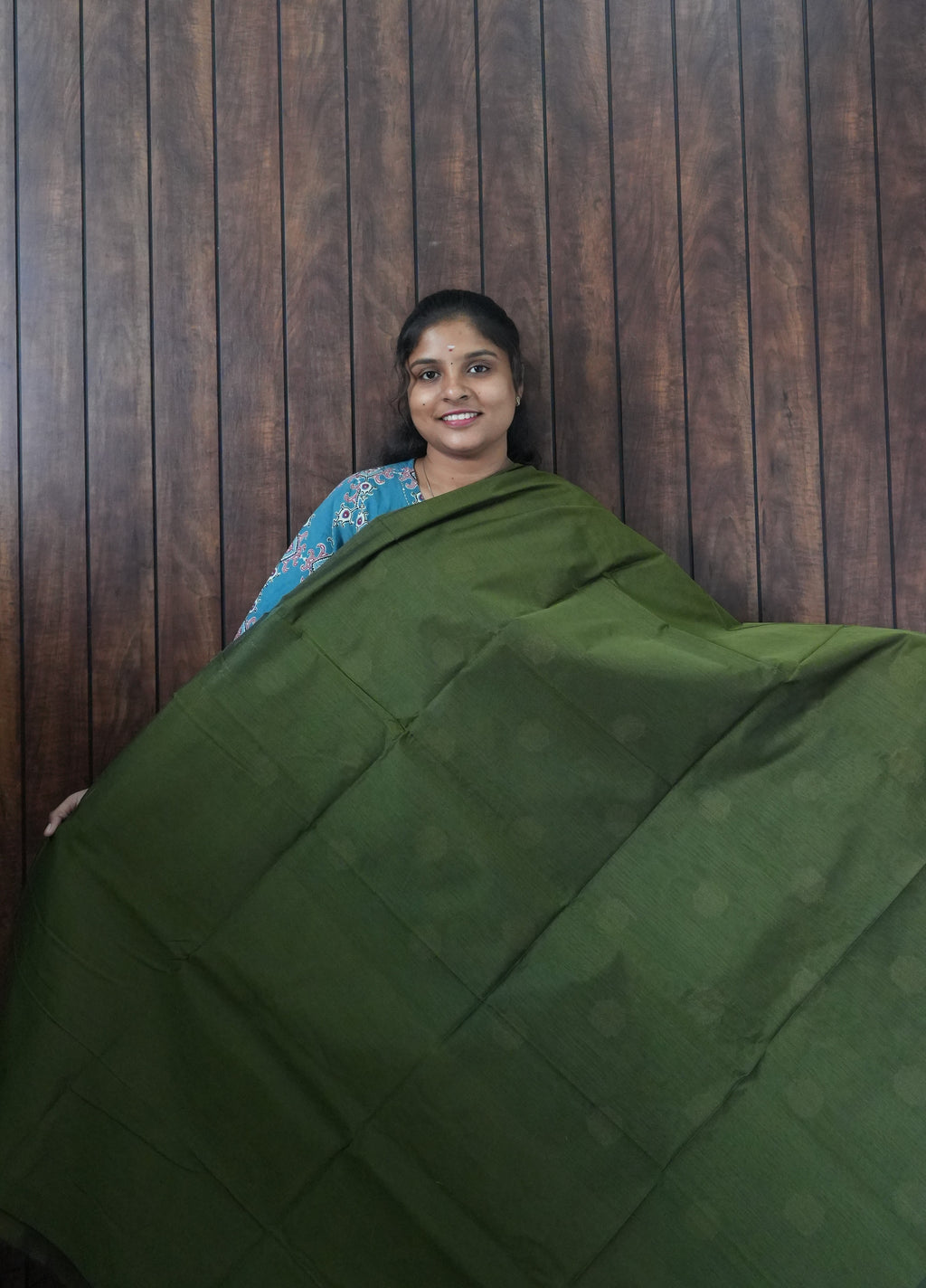 Silk Cotton Saree SLM-SCT-0042 - Olive green checks with butta motifs - second view
