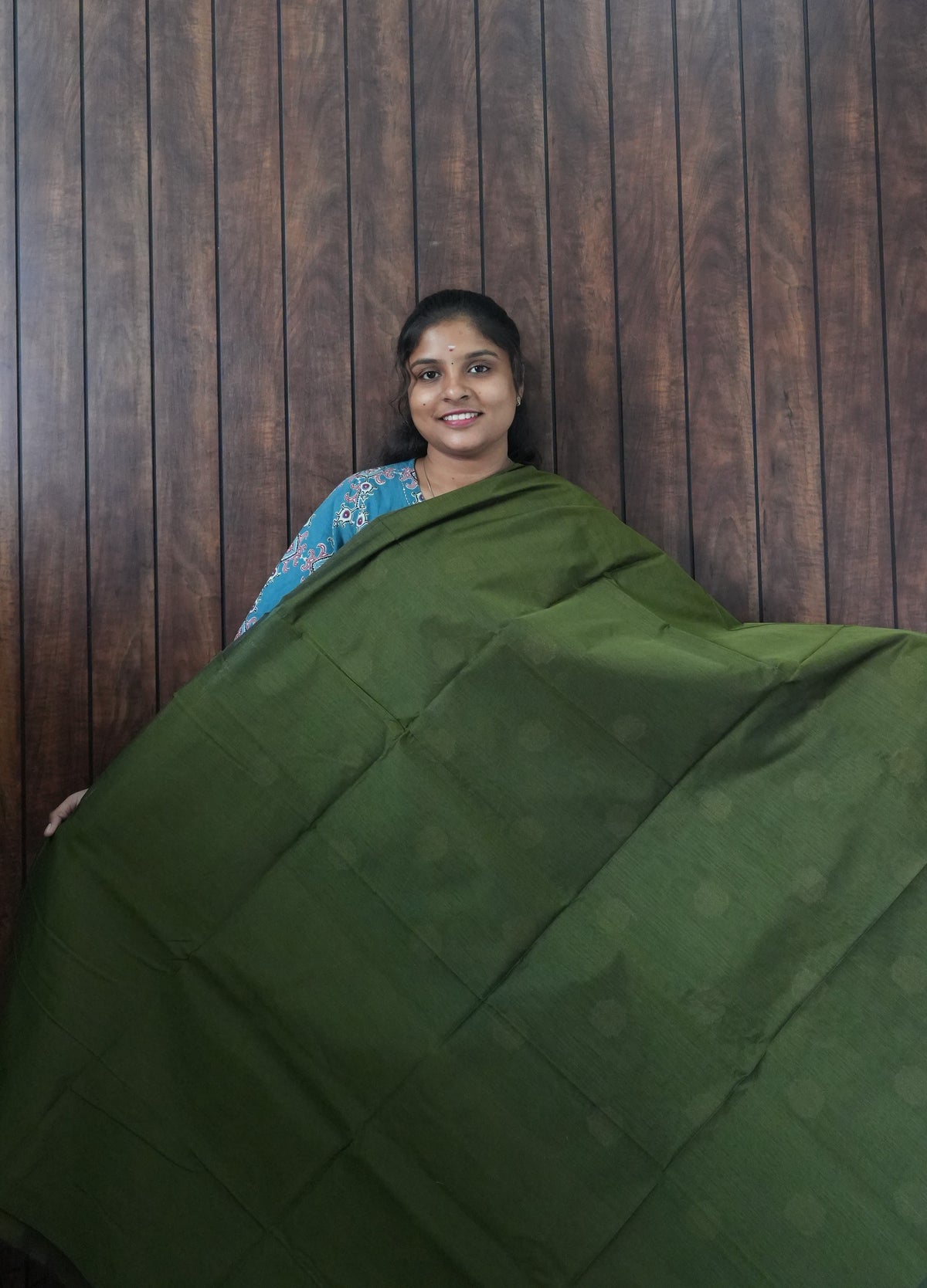 Silk Cotton Saree SLM-SCT-0042 - Olive green checks with butta motifs - second view
