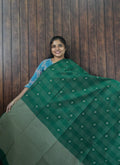 Silk Cotton Saree SLM-SCT-0046 - Emerald green checks with butta motifs and a grey pallu - front view
