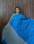 Silk Cotton Saree SLM-SCT-0050 - Bright blue checks with butta motifs and a grey-blue pallu - front view