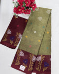 Silk Cotton Saree SLM-SCT-0054 - Beige olive with a maroon border and floral motifs