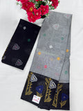 Silk Cotton Saree SLM-SCT-0057 - Light grey with a black border and floral motifs