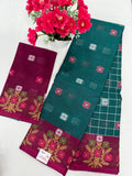 Silk Cotton Saree SLM-SCT-0061 - Teal checks with a maroon floral border