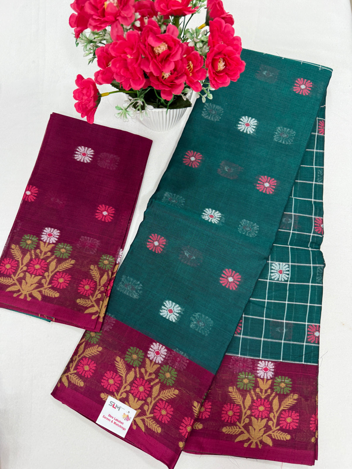 Silk Cotton Saree SLM-SCT-0061 - Teal checks with a maroon floral border