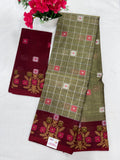 Silk Cotton Saree SLM-SCT-0063 - Sage checks with a maroon floral border