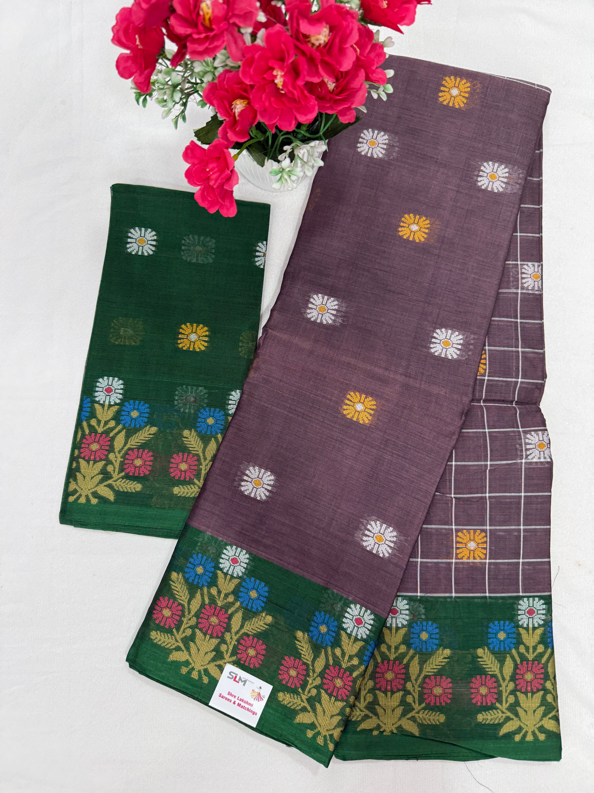 Silk Cotton Saree SLM-SCT-0064 - Mauve checks with a green floral border