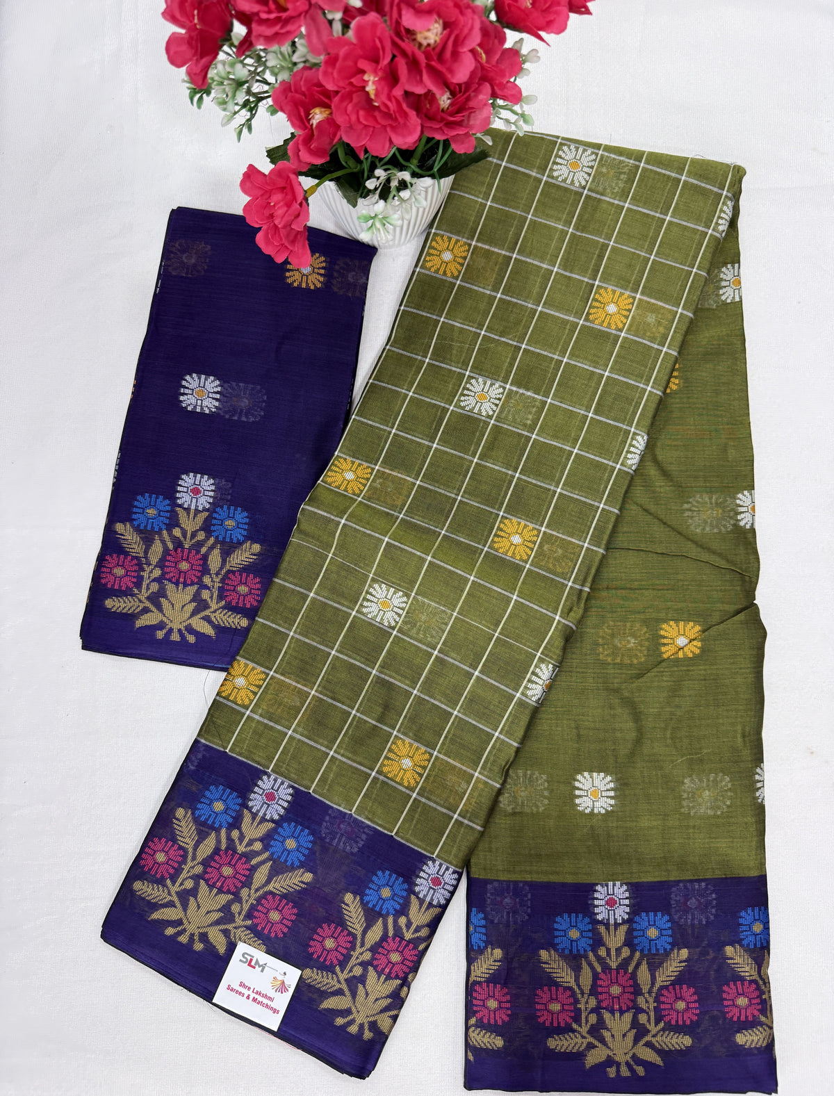 Silk Cotton Saree SLM-SCT-0065 - Olive checks with a navy floral border