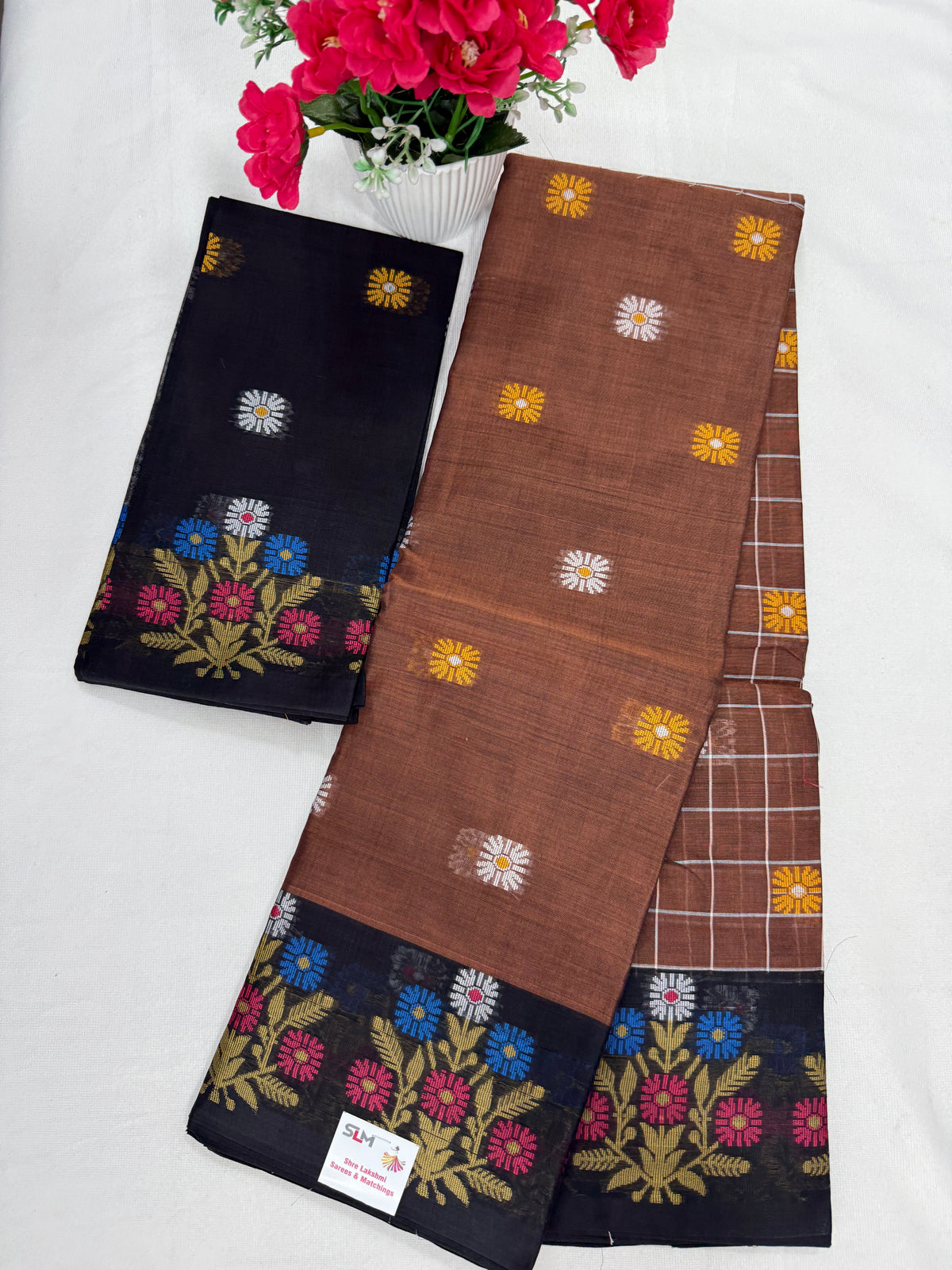 Silk Cotton Saree SLM-SCT-0066 - Brown checks with a black floral border