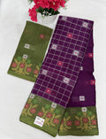 Silk Cotton Saree SLM-SCT-0067 - Purple checks with an olive floral border