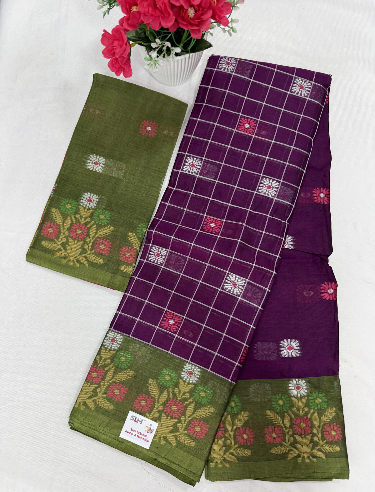 Silk Cotton Saree SLM-SCT-0067 - Purple checks with an olive floral border