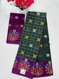Silk Cotton Saree SLM-SCT-0068 - Bottle green checks with a purple floral border