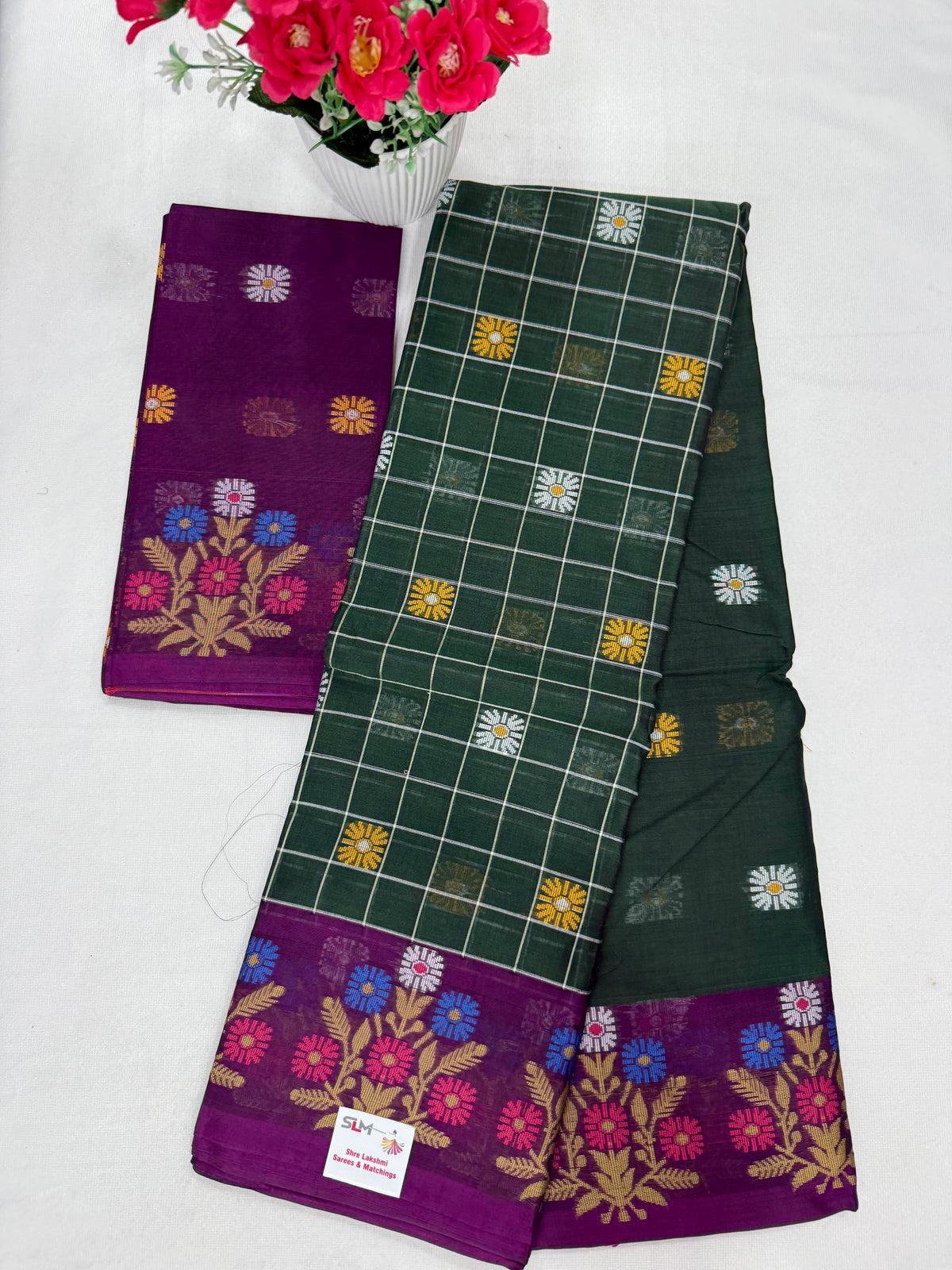 Silk Cotton Saree SLM-SCT-0068 - Bottle green checks with a purple floral border