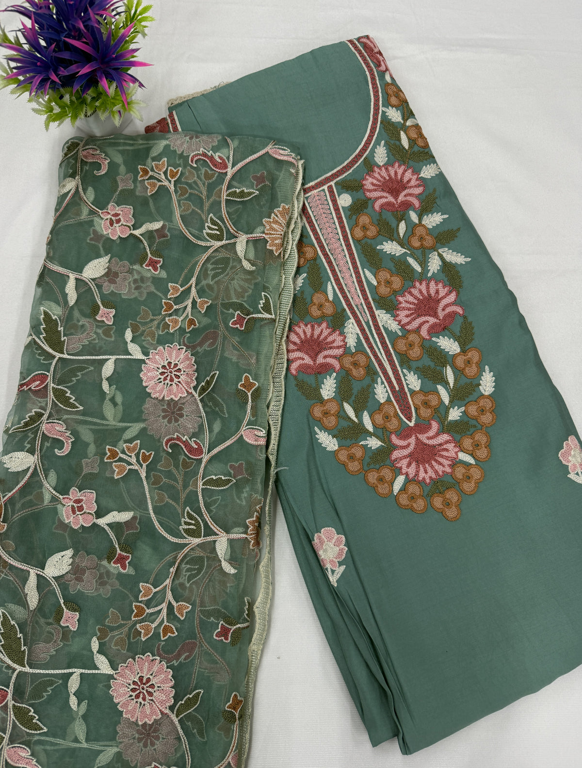 Salwar SLM-SLW-0003 - Sage green with floral embroidery