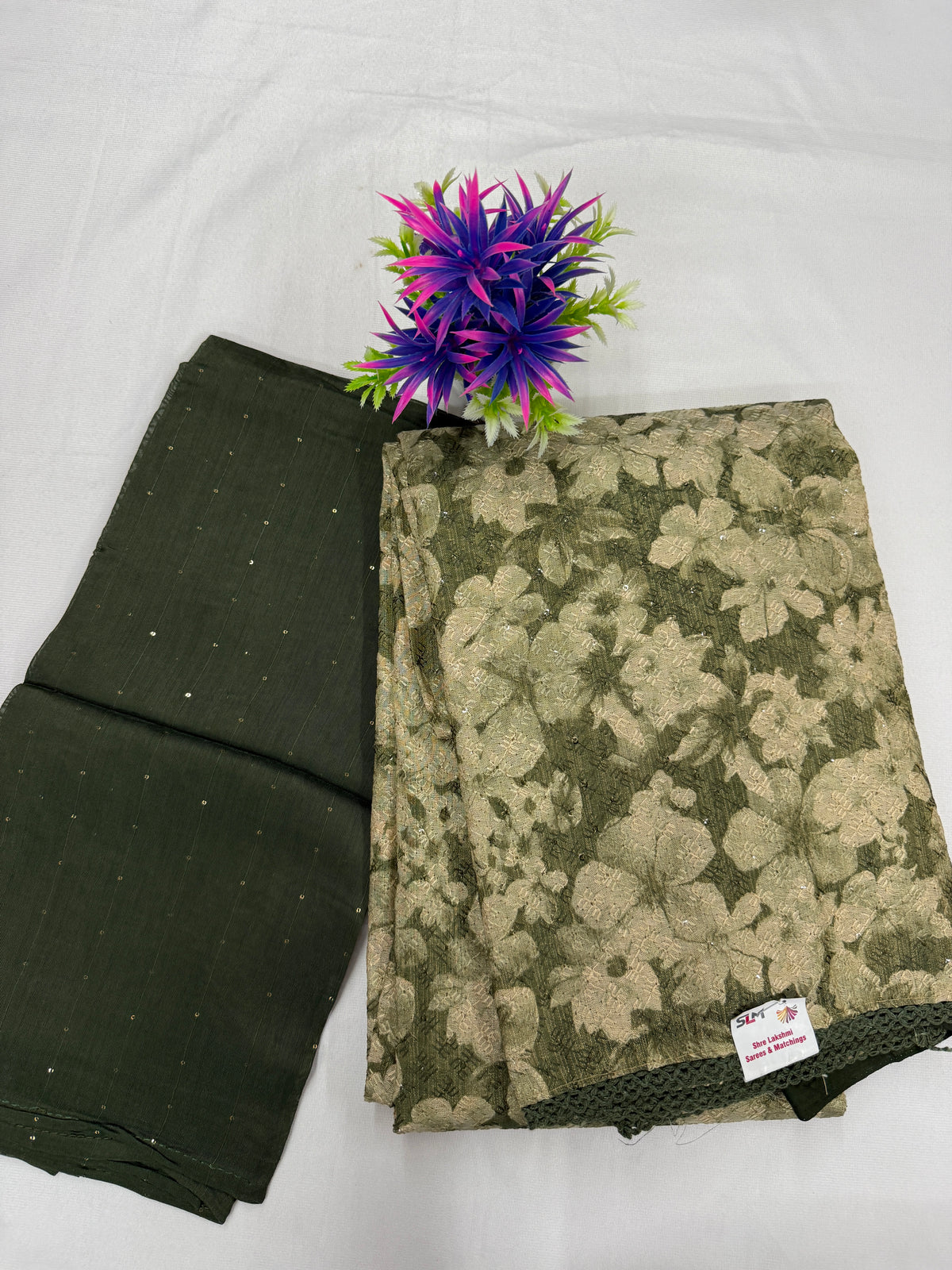 Salwar SLM-SLW-0015 - Olive green with a floral print