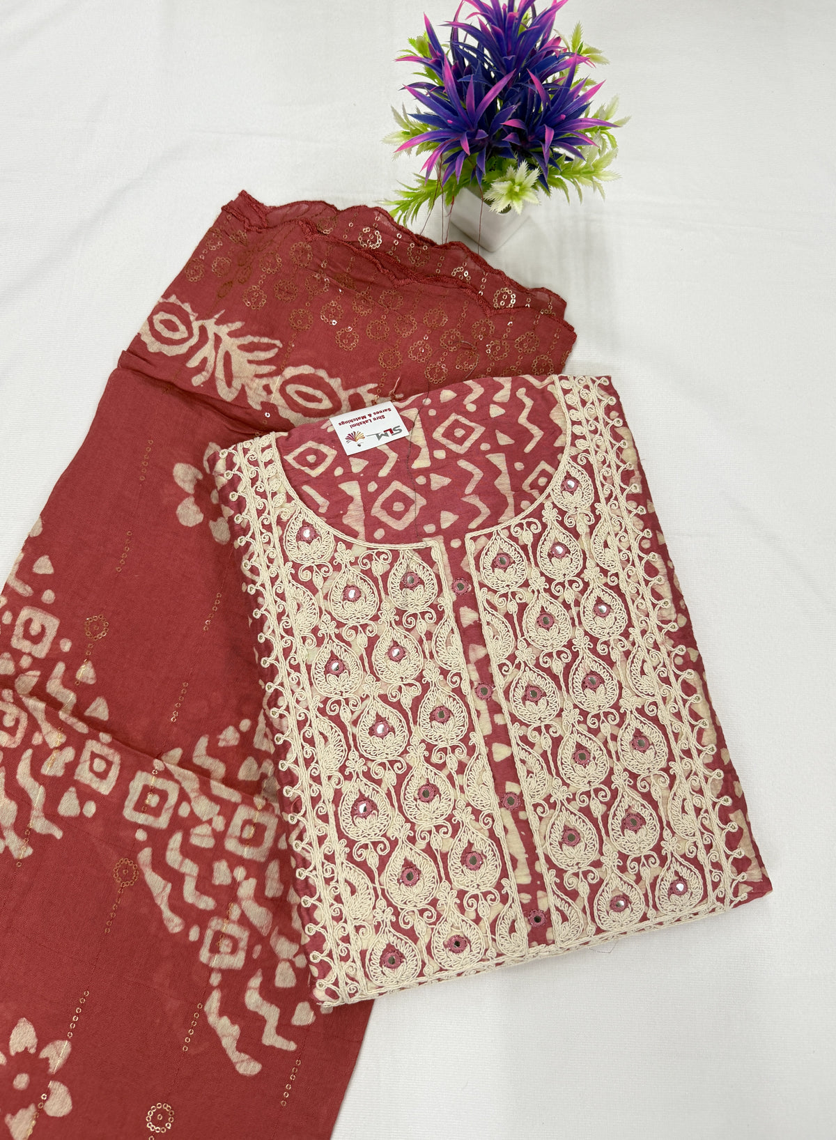 Salwar SLM-SLW-0020 - Brick red with an off-white printed top