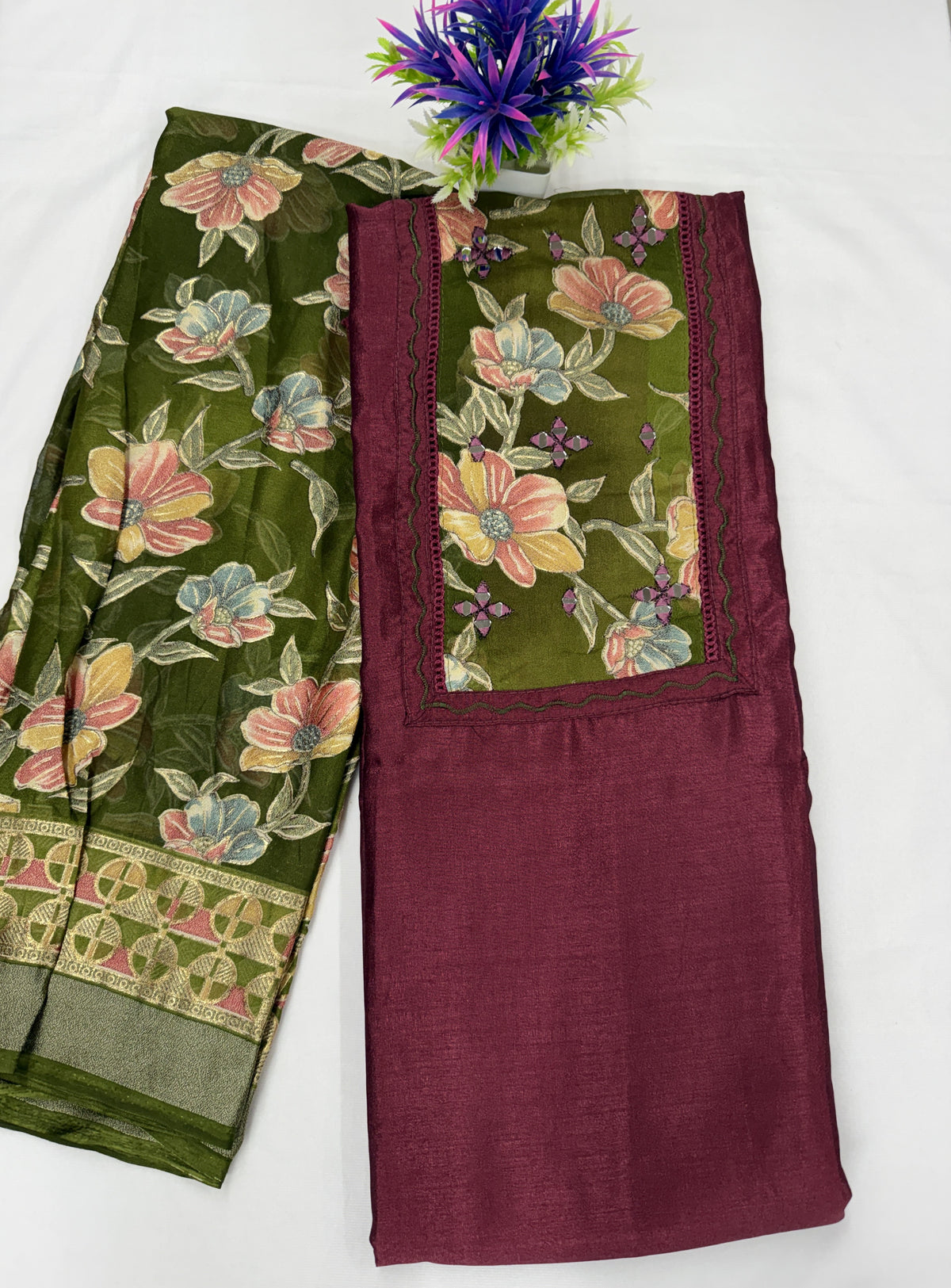 Salwar SLM-SLW-0021 - Olive floral print with a maroon bottom