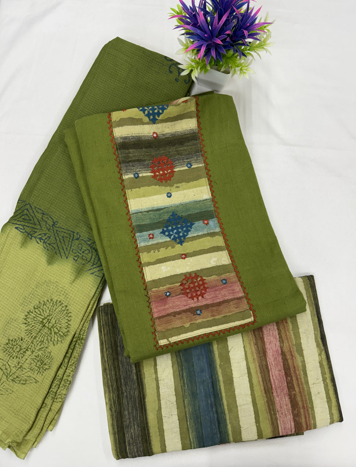 Salwar SLM-SLW-0022 - Olive green with a striped patterned top