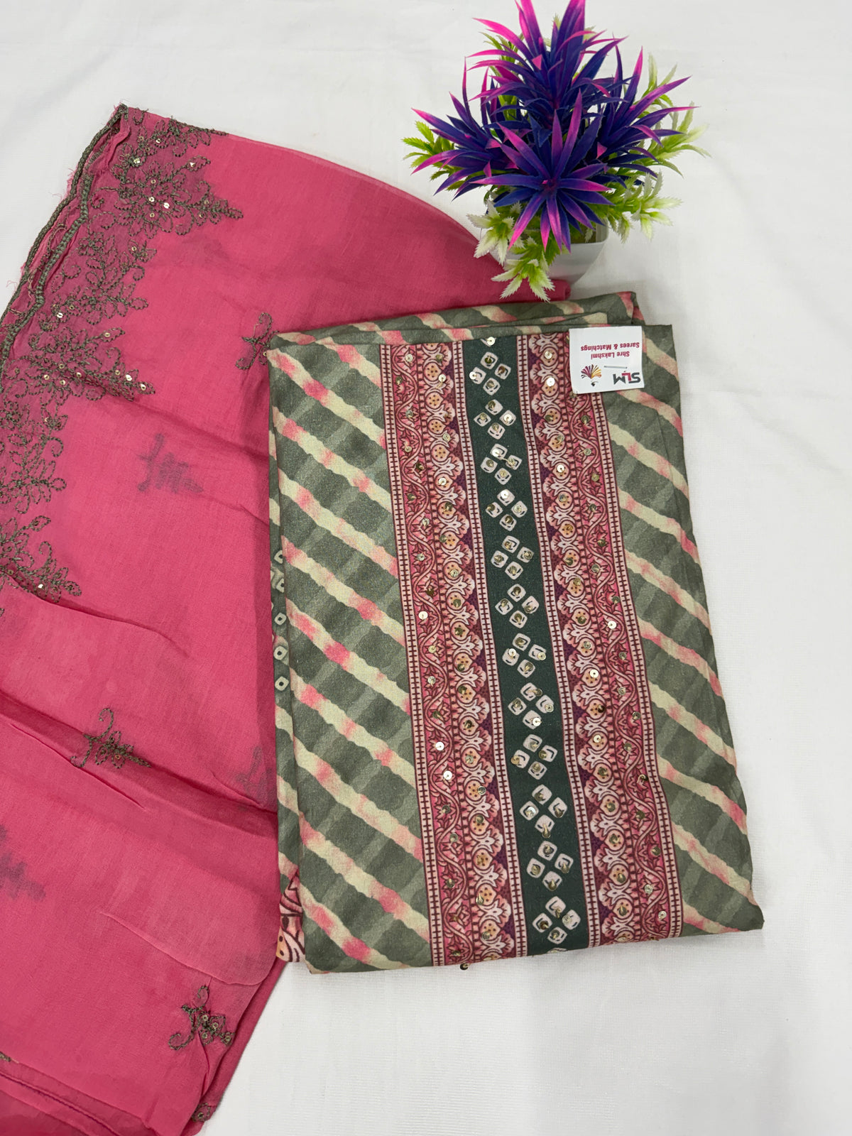 Salwar SLM-SLW-0023 - Pink with a checked and striped top