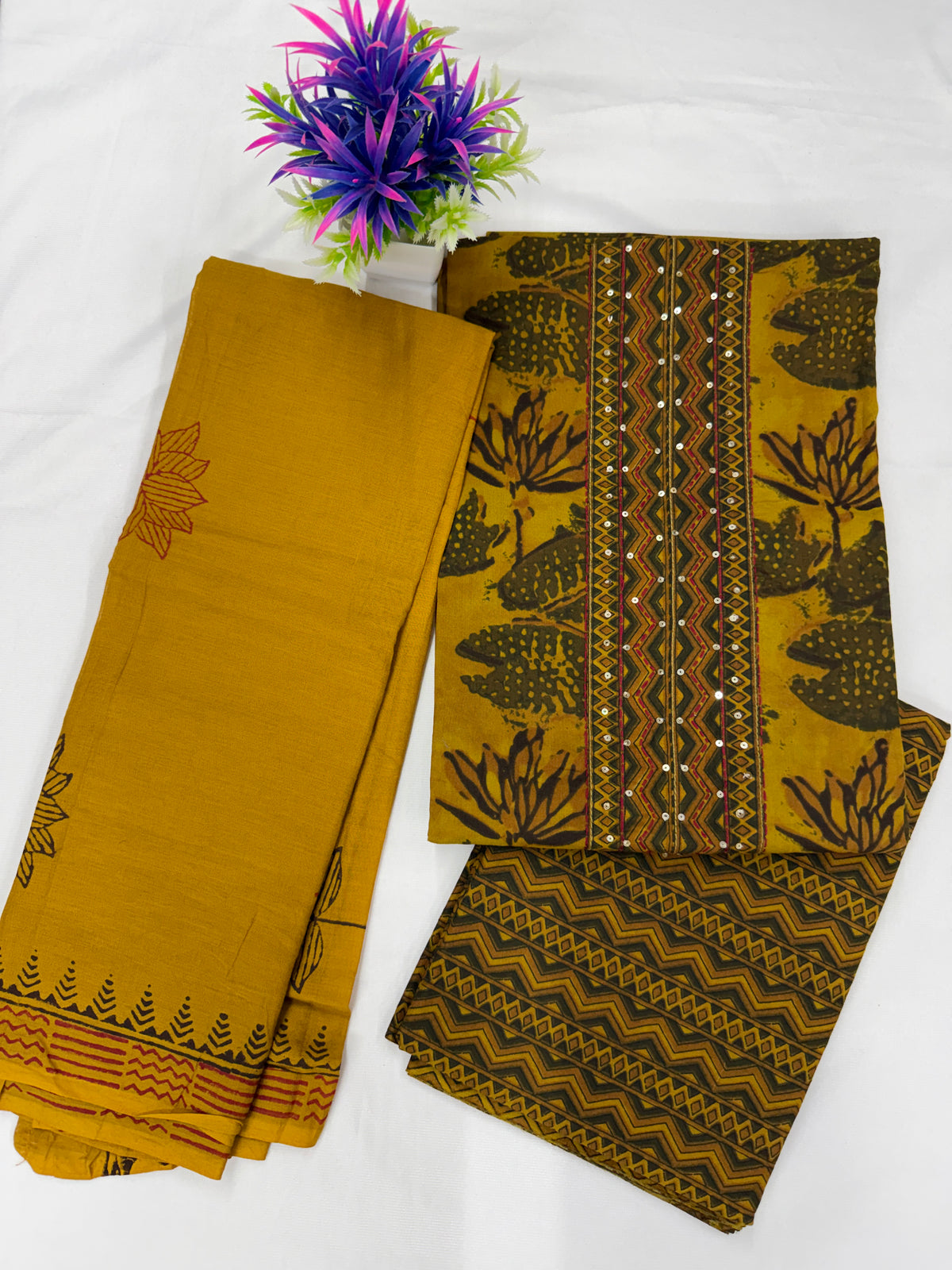 Salwar SLM-SLW-0027 - Mustard yellow with a lotus print