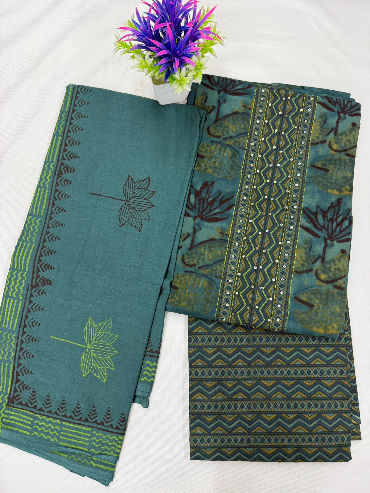 Salwar SLM-SLW-0029 - Teal blue with a lotus print