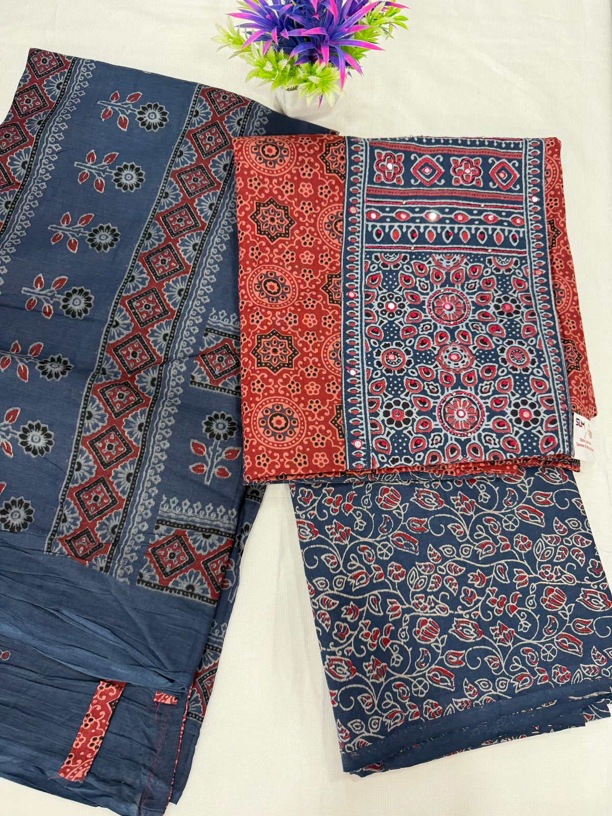 Salwar SLM-SLW-0035 - Indigo blue with a red block-printed top