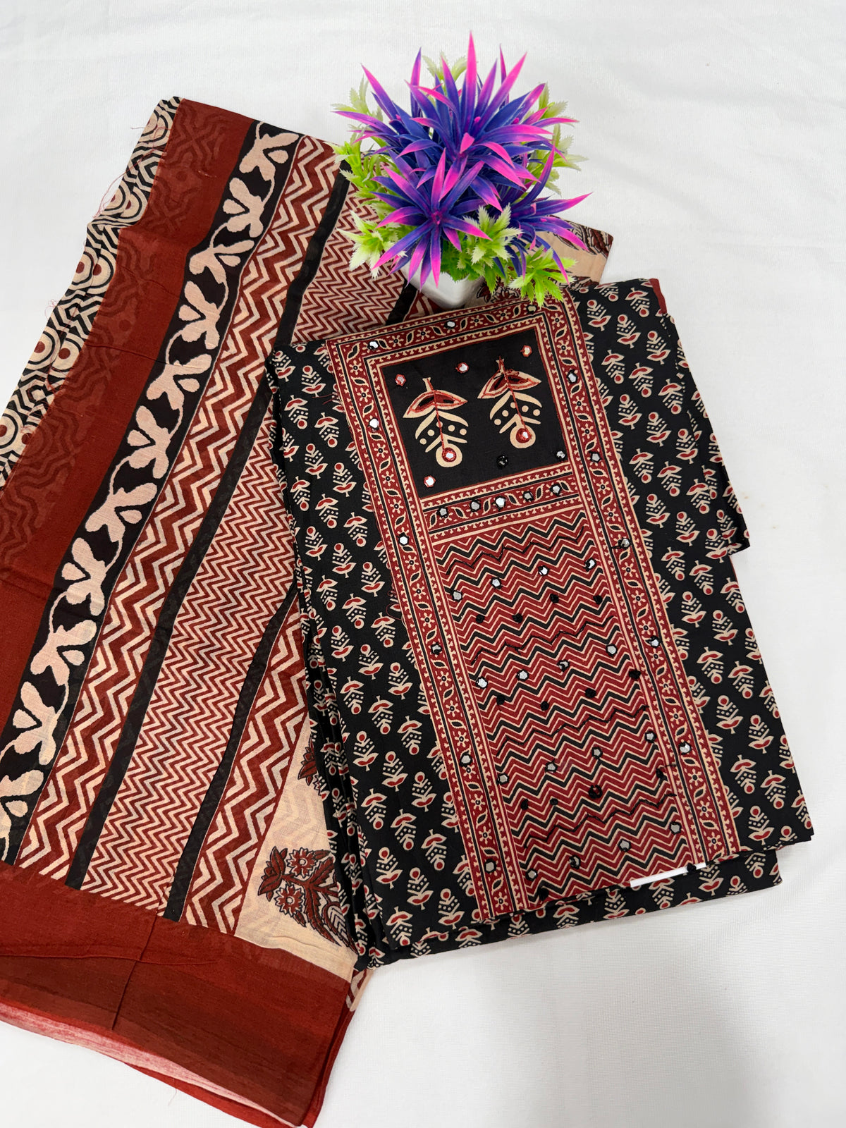Salwar SLM-SLW-0038 - Rust red with a black block-printed top