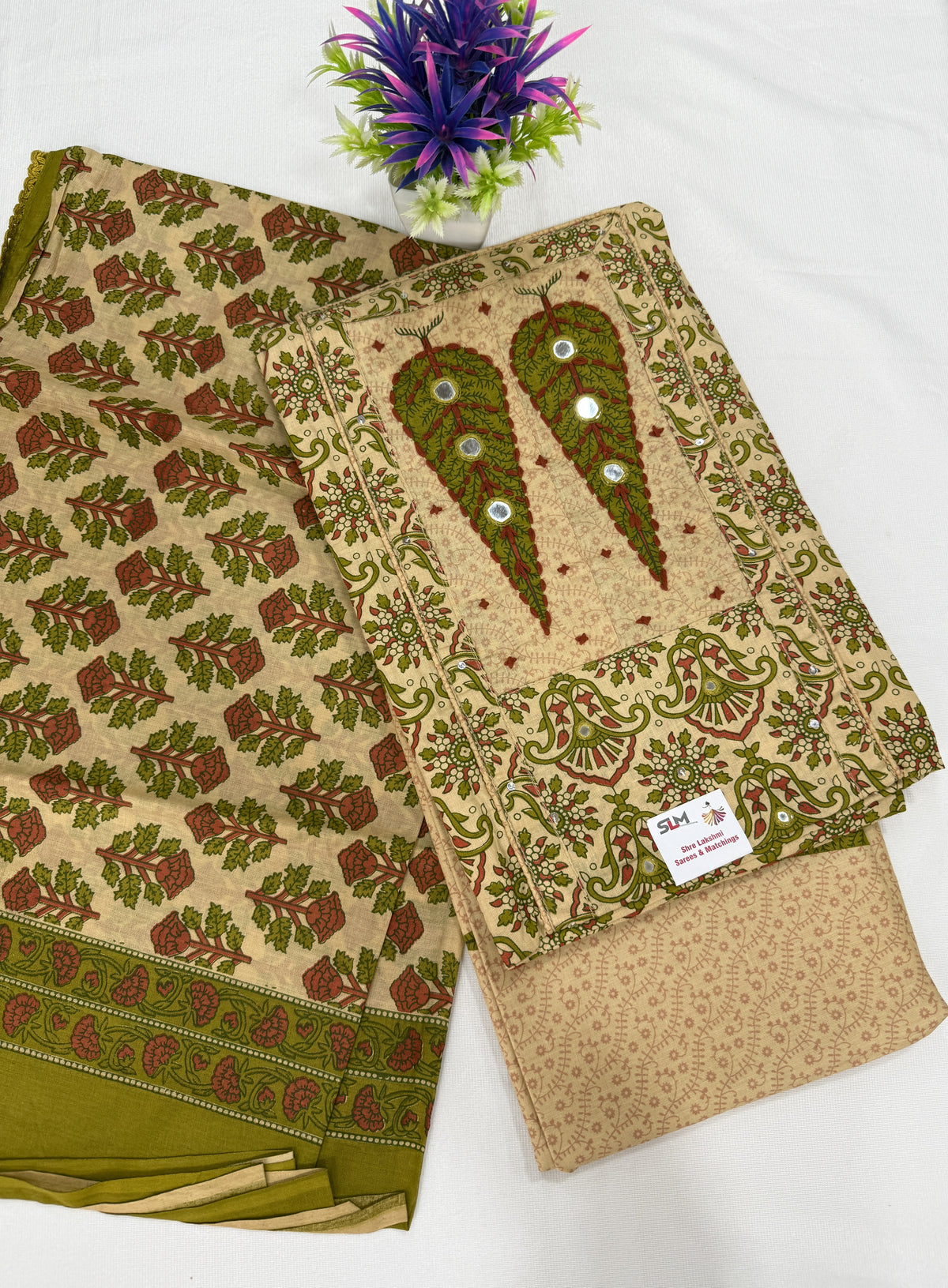 Salwar SLM-SLW-0040 - Olive and beige with a floral block print