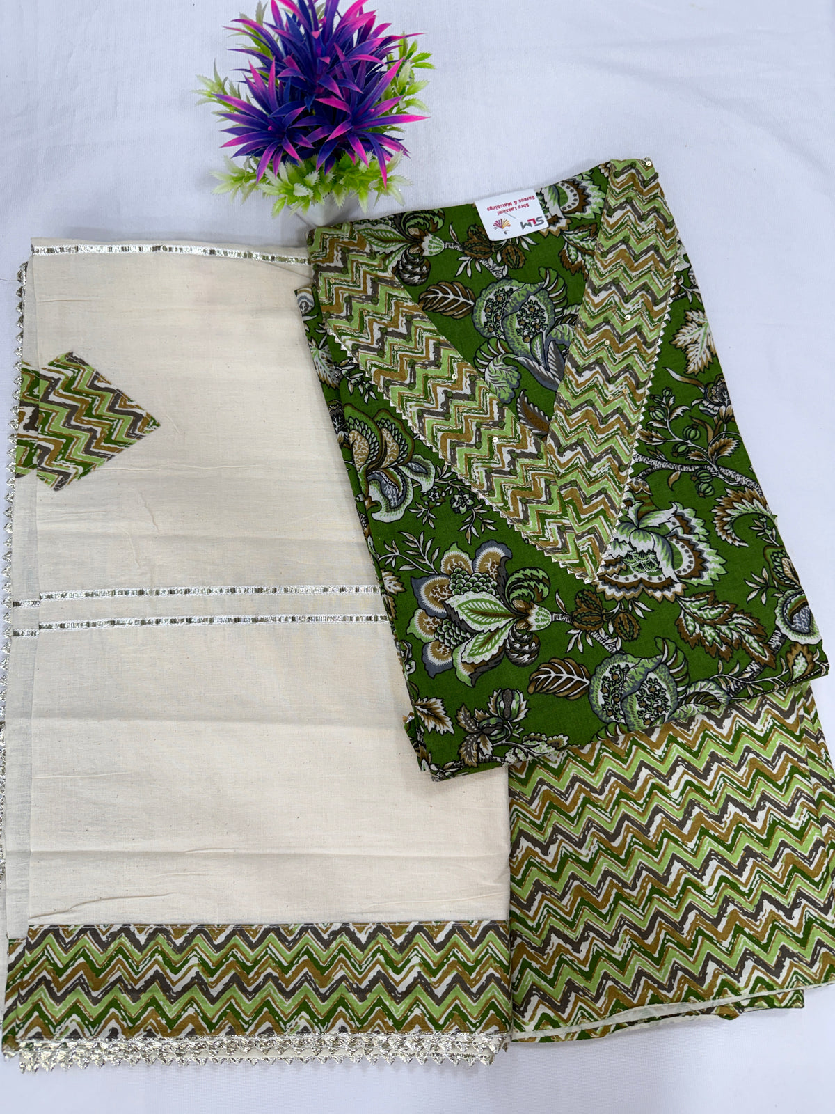 Salwar SLM-SLW-0041 - Off-white with a green printed top