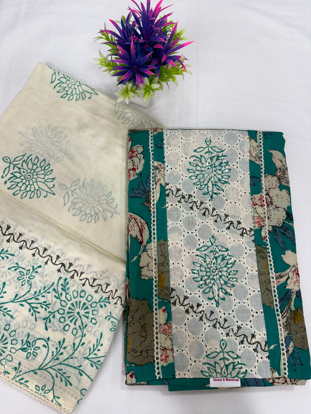 Salwar SLM-SLW-0042 - Cream with a teal block-printed top