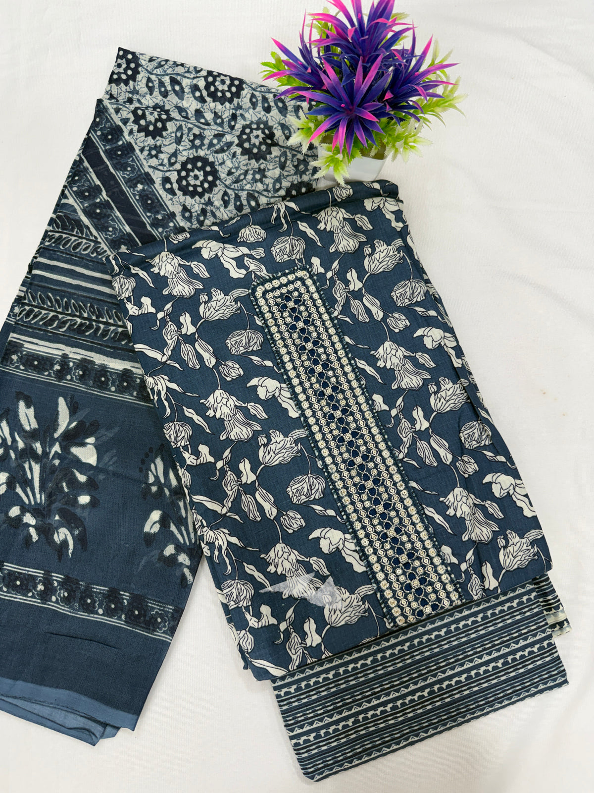 Salwar SLM-SLW-0048 - Slate grey with a printed pattern
