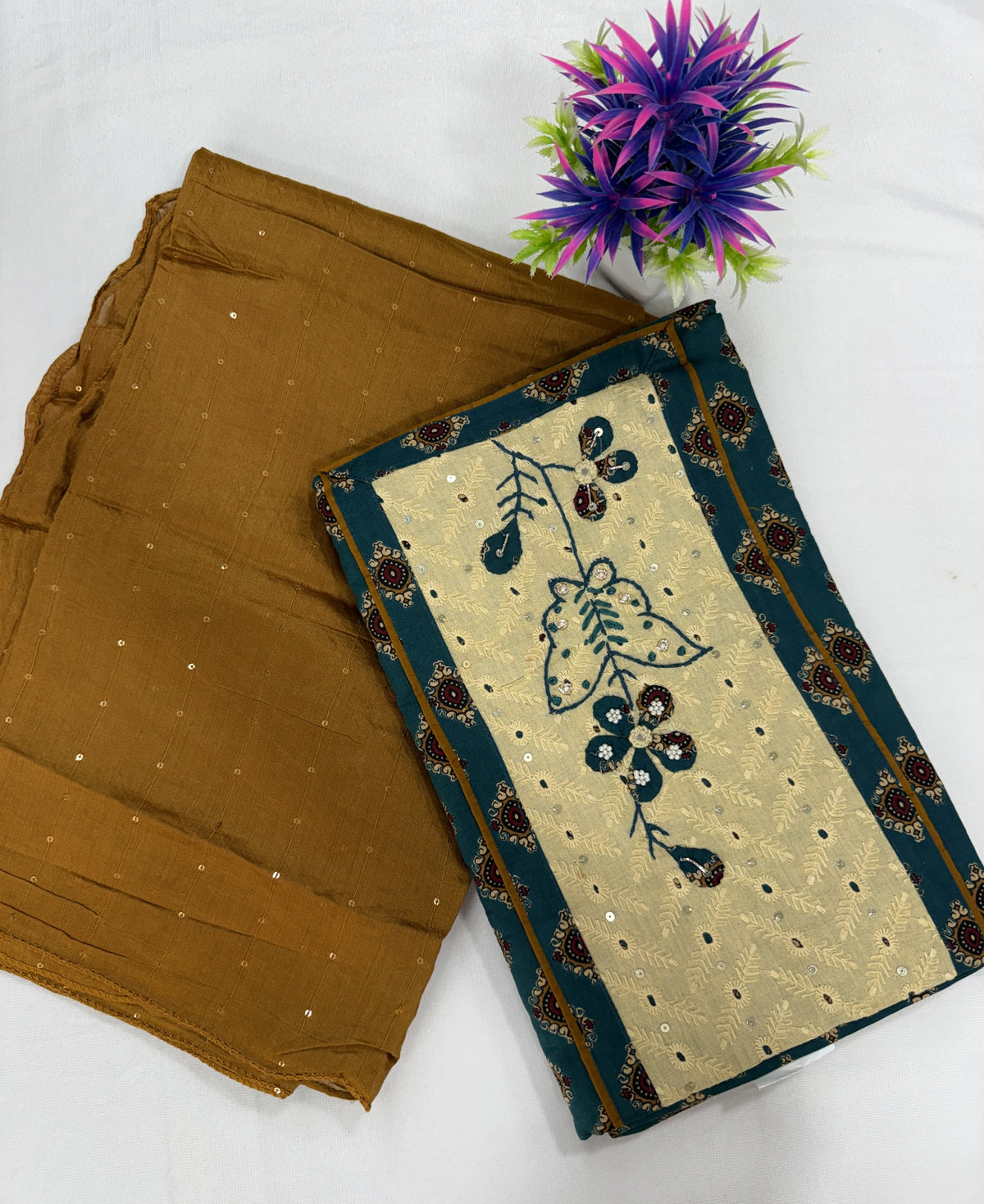 Salwar SLM-SLW-0050 - Mustard with a teal and cream top