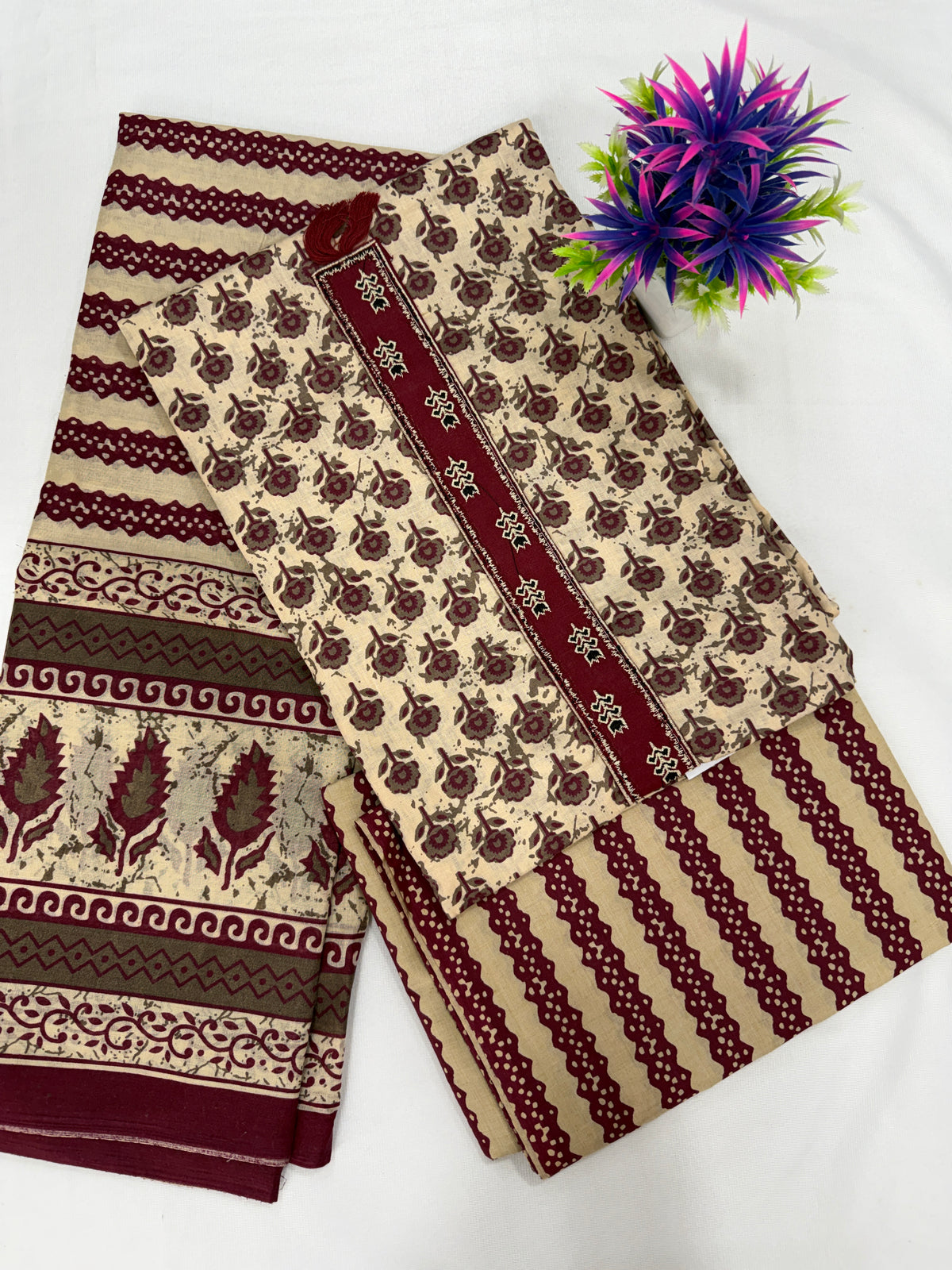 Salwar SLM-SLW-0052 - Cream and maroon with a block print