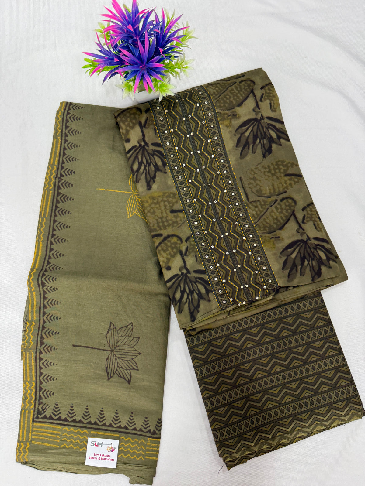 Salwar SLM-SLW-0054 - Olive grey with a lotus print