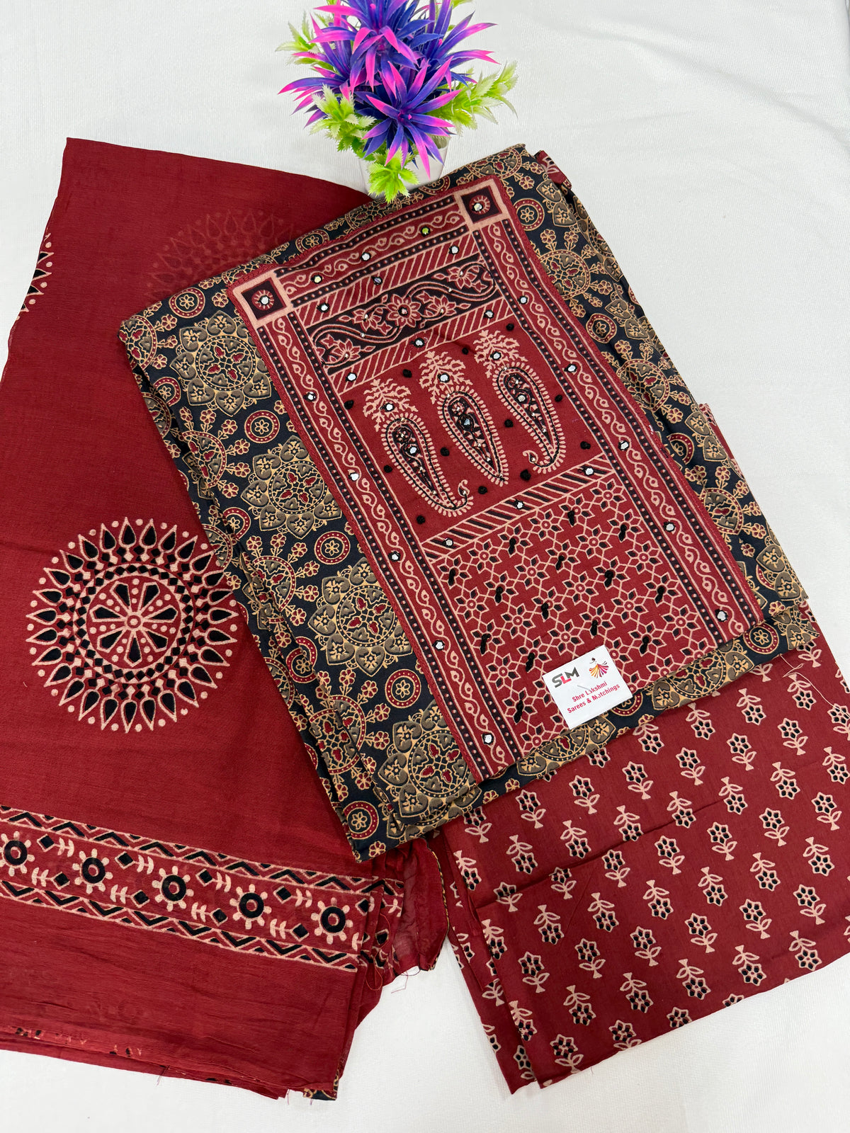 Salwar SLM-SLW-0068 - Red with a block print