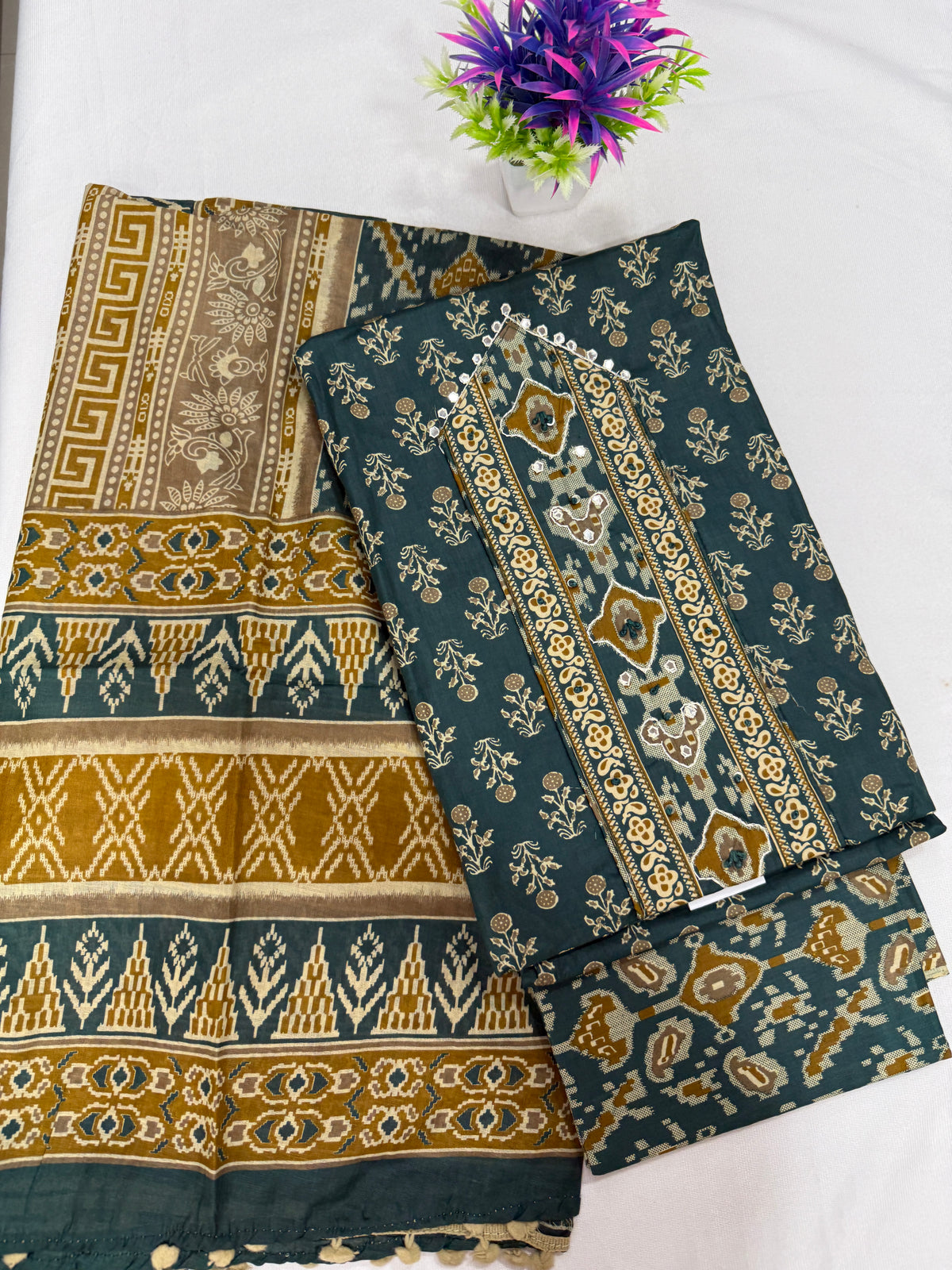 Salwar SLM-SLW-0071 - Mustard and teal with a block print